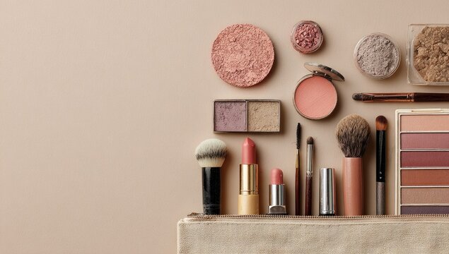 Various cosmetic items neatly arranged on a neutral surface