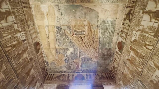 The goddess Nut, personifying the sky and protecting the dead on their way to the afterlife. Bas-reliefs inside the ancient temple complex of Dendera, Qena, Egypt.