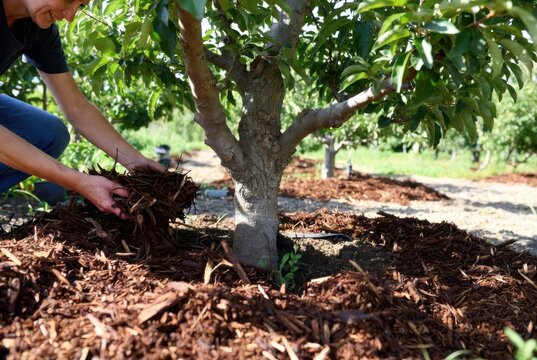 Gardener mulching around young fruit tree base with organic wood chips for soil health