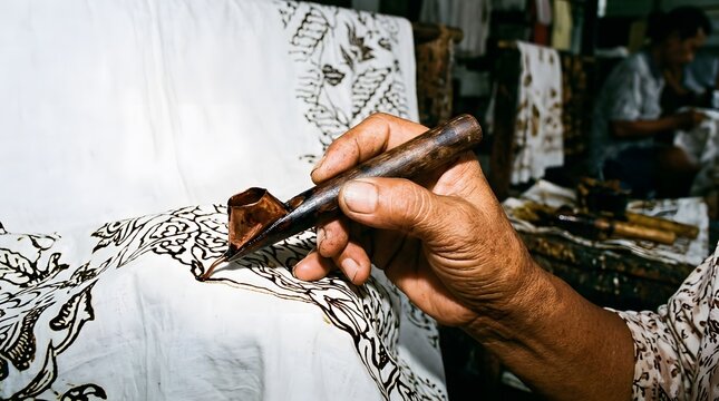 Close up of artisan hand using canting tool to draw traditional batik pattern on white fabric