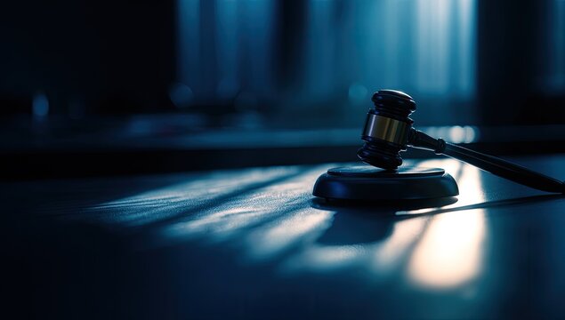 Gavel on polished dark surface, dramatic lighting, legal concept
