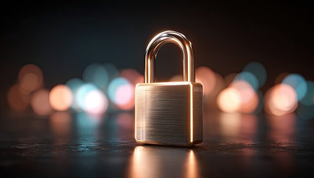 A polished metal padlock stands in sharp focus against a blurred, bokeh background