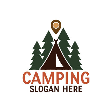 Simple camping vector illustration with a teepee tent, pine trees, and map pointer for outdoor recreation