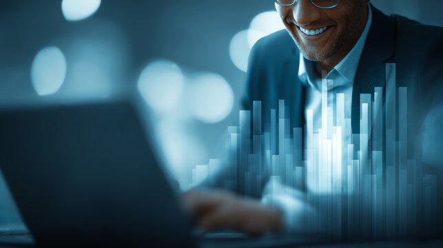 Data Analytics concept, Data Annotation, Data Analysis, Smile businessman use laptop analyzing data for competitor benchmarking and market positioning