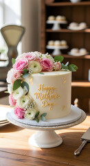 Fototapeta premium Beautiful cake with pink roses for a happy anniversary