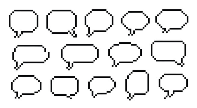 Pixelated speech bubbles vector set in assorted shapes outlined in black