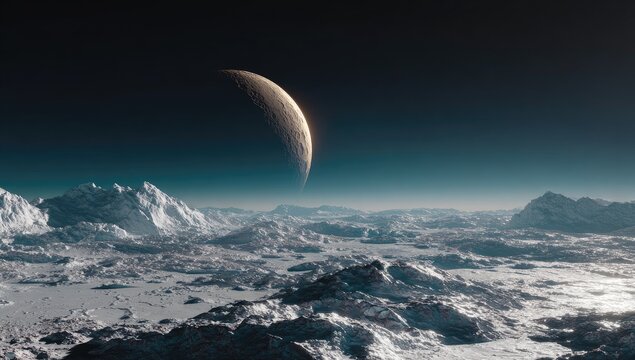 Alien Planet Landscape with Crescent Moon in Dark Sky.