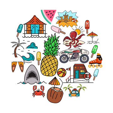 Colorful vector illustration featuring various summer holiday elements arranged in a creative and circular pattern design.