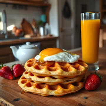 Desayuno Irresistible con Waffles Dorados y Huevo Perfecto