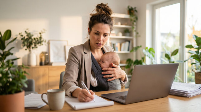 Working mother holding baby while writing notes at home office, multitasking between parenting and remote work, modern lifestyle and productivity concept.
