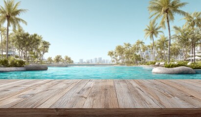 Fototapeta premium Tropical Resort Poolside Oasis with Palm Trees and City Skyline.