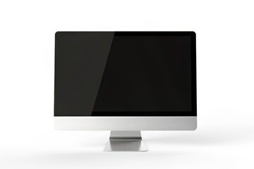 Fototapeta premium Modern desktop computer monitor with black screen isolated on white background, minimal workstation display for office, technology presentations and digital interface mockups