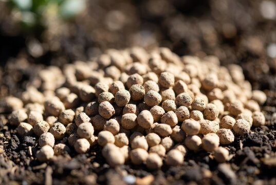 Close-up macro shot of small, porous, light brown clay pebbles scattered on dark soil.