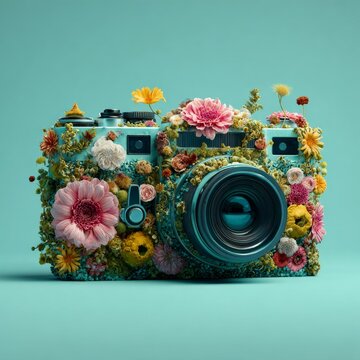 Flower covered camera floral camera body retro camera turquoise camera lens closeup decorative flower floral art creative still life isolated object teal background