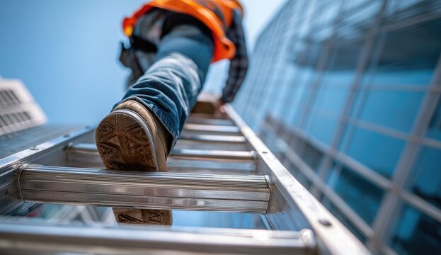 Construction Worker Climbing Ladder Towards Modern Building Exterior.