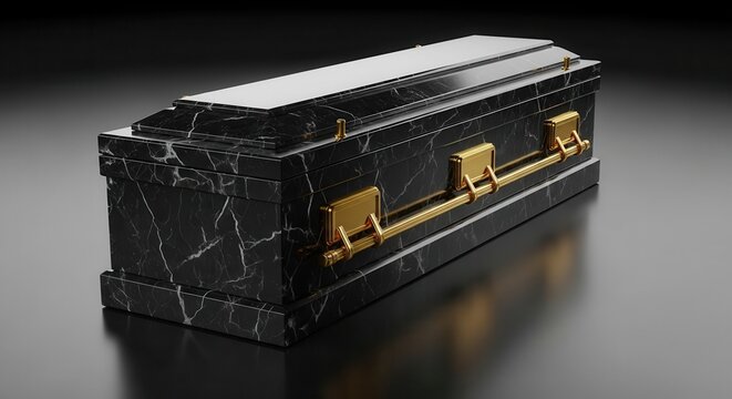 Elegant black marble casket features gold metal handles and a polished reflective surface.