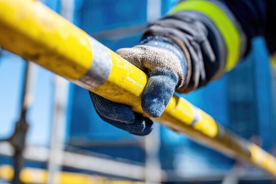 Construction Worker Hand Gripping Yellow Scaffolding Pole Safely.