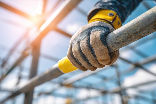 Construction workers gloved hand gripping scaffolding pole with sun flare.