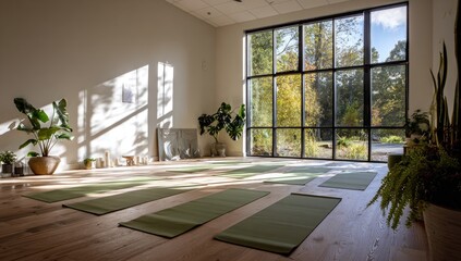 Fototapeta premium Serene Yoga Studio with Large Windows and Natural Light.