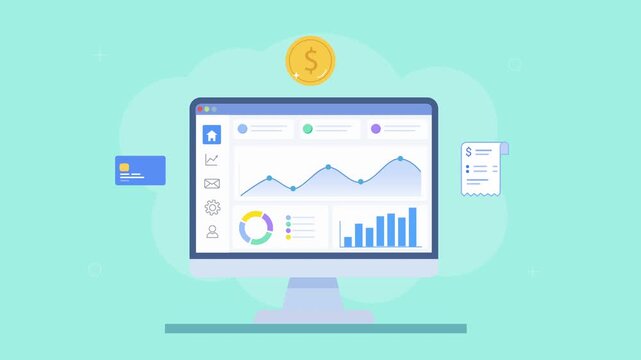 Looping flat animation of a cloud analytics dashboard with charts, coin and payment icons, representing financial tracking, transactions, and business performance.