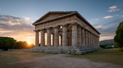 Obraz premium A magnificent ancient temple ruin bathed in the warm ethereal glow of sunset against a dramatic expansive sky