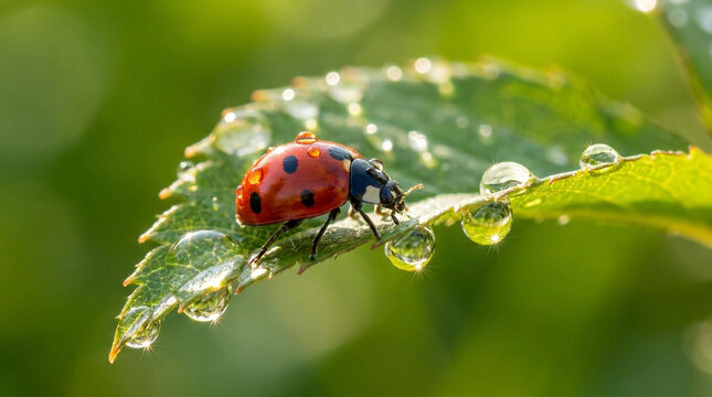 Ladybug on dew-covered green leaf in natural sunlight close-up