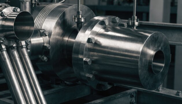 Closeup of a liquidring vacuum pump integrated with dewatering systems highlighting smooth metal surfaces and connected piping on industrial machinery.