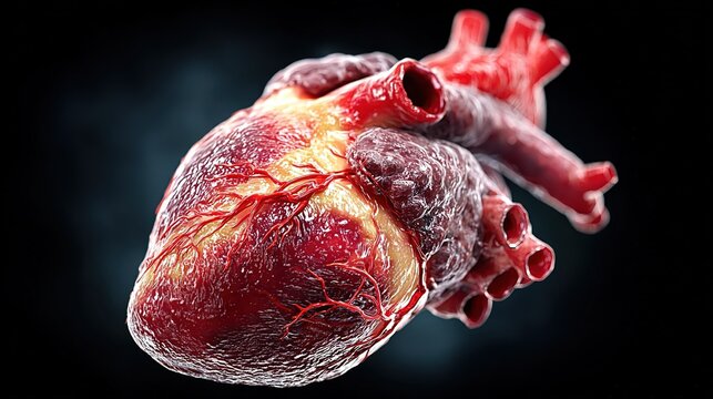 Realistic Human Heart with Visible Coronary Arteries, Detailed Cardiovascular Anatomy, Medical Illustration for Education, Healthcare Visualization, Isolated on Dark Background