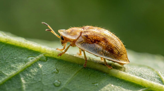 Close-up of brown plant bug on green leaf with natural sunlight