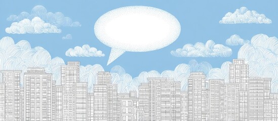 Fototapeta premium Stylized city skyline under a blue sky with clouds and a speech bubble
