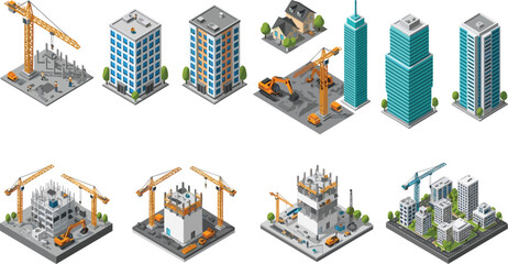 Isometric construction set featuring modern skyscrapers city buildings industrial cranes and excavators for urban architectural development real estate projects  © Mahsina