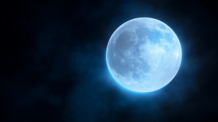 Obraz premium Bright full moon glowing in dark night sky, realistic lunar astronomy scene with soft blue haze, detailed crater texture and minimal celestial atmosphere on black background Photor