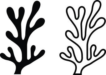 Fototapeta premium Seaweed algae marine plants icon set collection group, underwater ocean flora silhouettes, aquatic botanical elements, black flat and line style vector illustration isolated transparent background