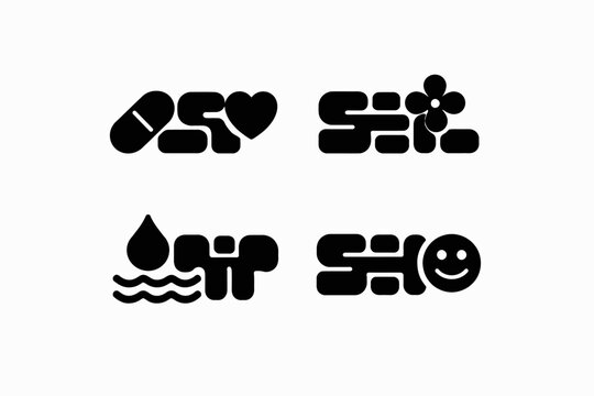 Geometric icon set featuring plant, heart, water, pill, and smiley designs