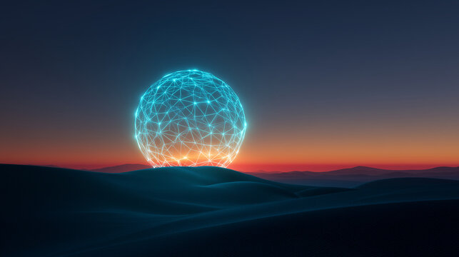 Futuristic glowing wireframe sphere over abstract desert landscape at sunset, digital geometry, neon horizon, sci fi environment, smooth dunes, minimal technology concept and atmos