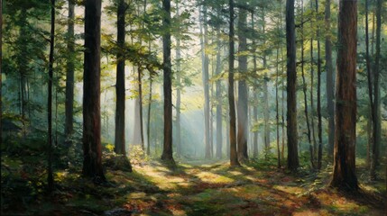 Naklejka premium A serene forest scene with tall trees and dappled sunlight filtering through the leaves, creating a peaceful natural atmosphere and soft woodland shadows.