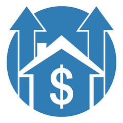 Obraz premium Blue house with dollar sign and two arrows pointing up icon