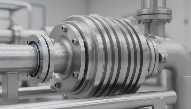 Closeup of a liquidring vacuum pump integrated with dewatering systems highlighting smooth metal surfaces and connected piping on industrial machinery.