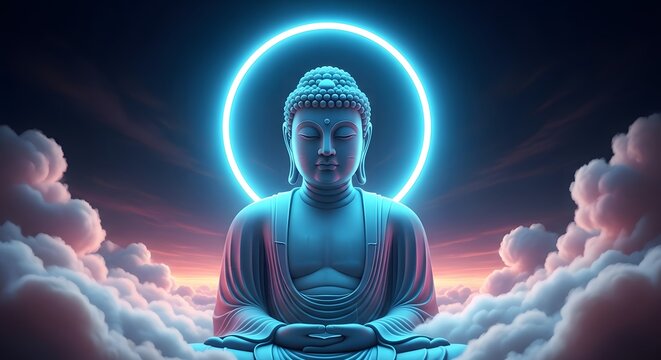 Serene buddha in meditation with ethereal blue halo and cloudscape