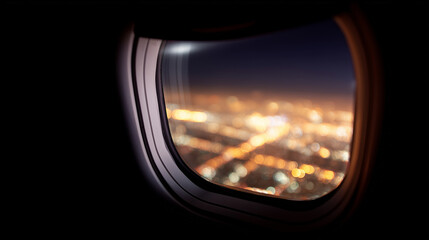 Fototapeta premium Nighttime aerial city view through aircraft window, passenger seat perspective, commercial aviation and travel concept, glowing urban streets below, evening flight mood and modern