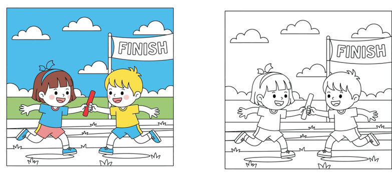 Kids Running Relay Race and Passing Baton Near Finish Line, Colored and Line Art Version for Coloring Book Page, Children Sports Day Activity Cartoon Vector Illustration (185 characters)