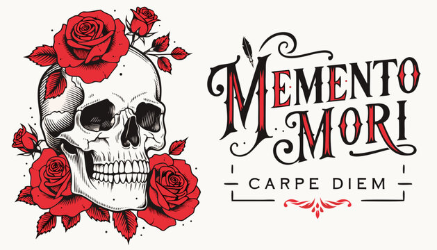 Detailed human skull illustration surrounded by vibrant blooming red roses next to elegant gothic typography expressing the latin philosophical concepts of memento mori