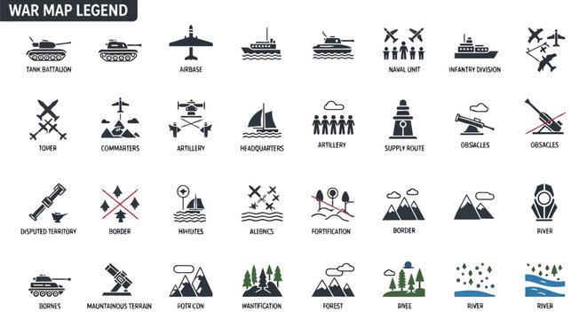 Comprehensive war map legend icons for military strategy and tactical planning vector graphics isolated on white background