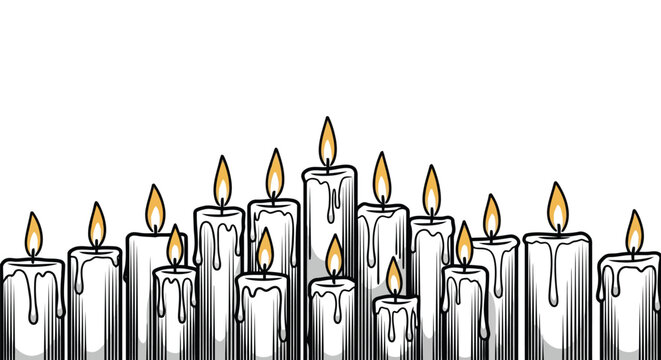 Set of lit memorial candles burning in dark background flat vector illustration for vigil theme isolated on white background
