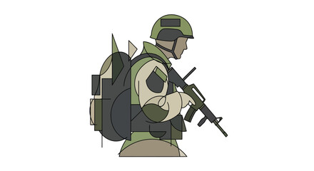 Obraz premium Minimalist vector illustration of a military soldier with tactical gear and rifle side profile view isolated on white background