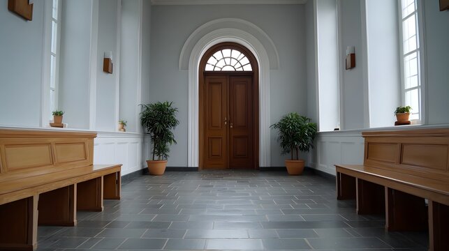 Sunlight illuminates the serene empty nave of a grand chapel showcasing rows of polished wooden pews and an arched entrance