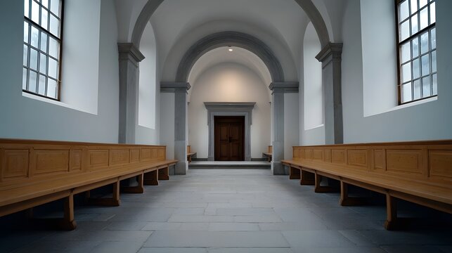 A symmetrical view down the expansive vaulted interior aisle of a solemn minimalist church sanctuary