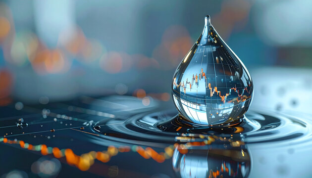 Financial Drop: A close-up view of a perfect water droplet reflects stock market data, symbolizes the complex interplay of finance and nature, a metaphor for liquidity and investment.