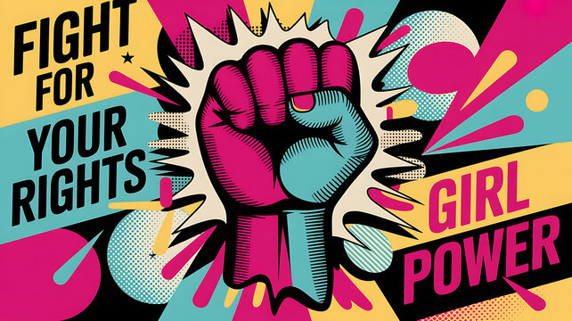 Feminist banner design with a raised fist symbol and motivational text fighting for rights.