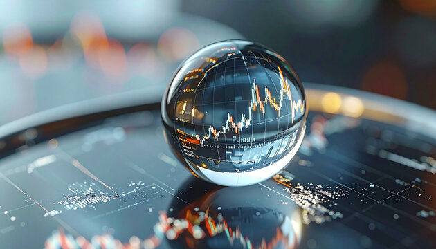 Global Market Insight: A clear glass sphere reflects intricate financial data, symbolizing the interconnectedness of global markets and economic trends.